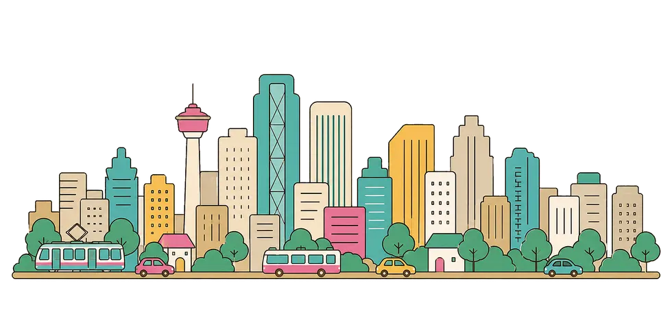 An illustrated Calgary skyline with the Calgary Tower, downtown buildings, trees, cars and a CTrain.